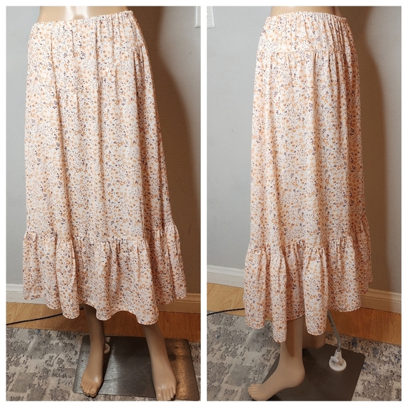 La La Land Creative Floral Midi Maxi Skirt Beige Golden Brown purple Floral XS/S - Picture 3 of 12